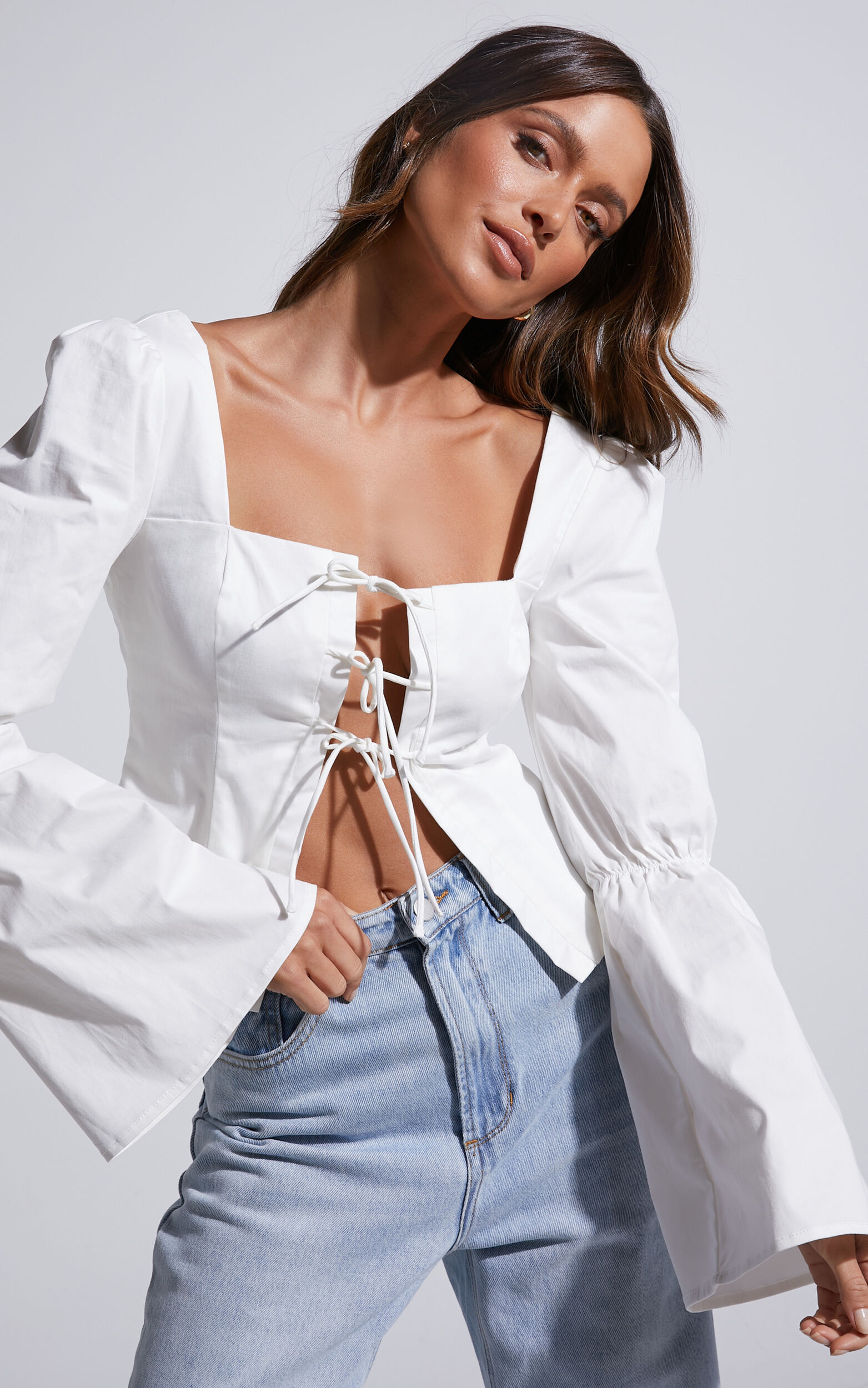 Cherira Blouse - Long Sleeve Tie Front Blouse in White - 06, WHT1