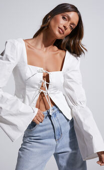 Cherira Long Sleeve Tie Front Blouse in White