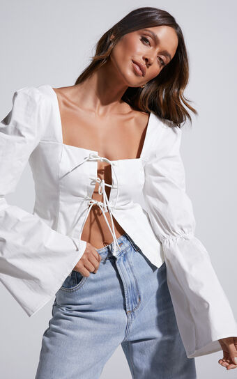 Cherira Blouse - Long Sleeve Tie Front Blouse in White