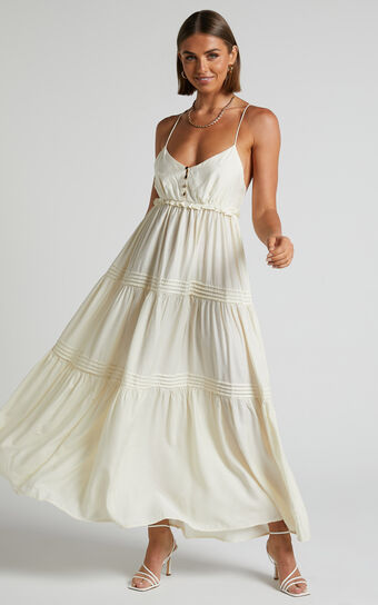 Ermengard Tiered Pin Tuck Cross Back Maxi Dress in Off White