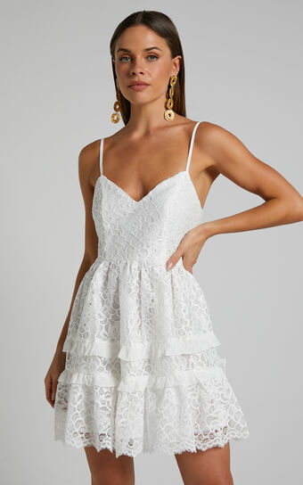 Rhedan Tiered Lace Mini Dress in White