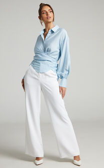 Ehrna Twist Front Collared Long Sleeve Shirt in Ice Blue