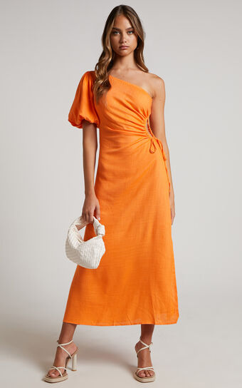 Victoria Midi Dress - One Shoulder Puff Sleeve Cut Out Dress in Orange