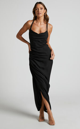 Khari Midaxi Dress - Strappy Back Ruched Slip Dress in Black
