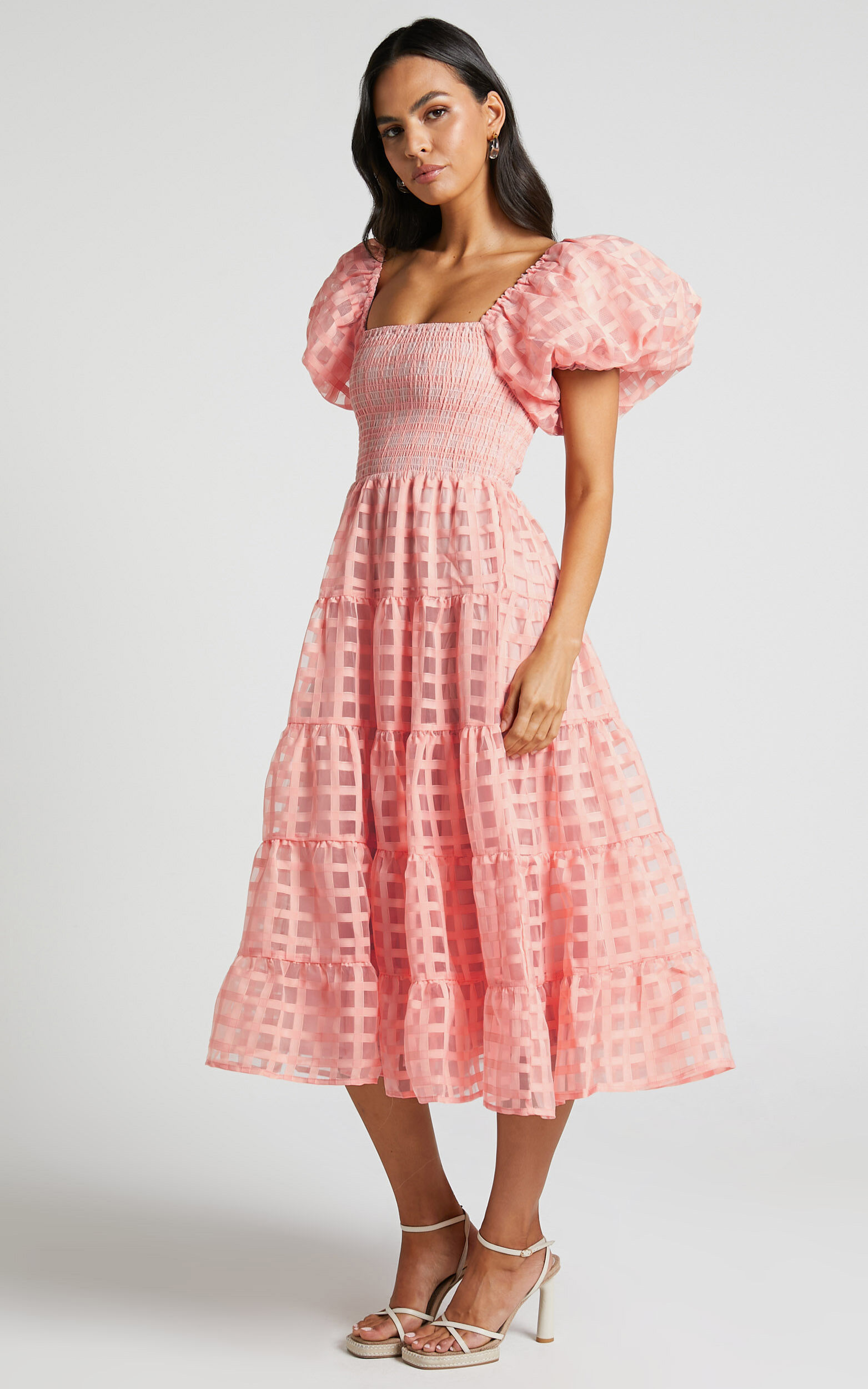 Aurelia Midi Dress - Puff Sleeve Tiered Textured Net Dress in Peach - 06, ORG1