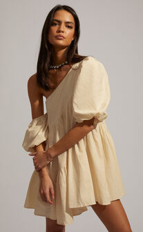 Harleen Mini Dress - Asymmetrical Trim Puff Sleeve Dress in Beige