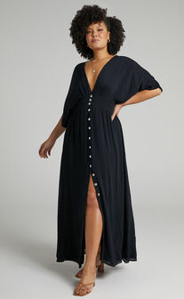 Sitting Pretty Midaxi Dress - Short Sleeve Button Down Dress in Black