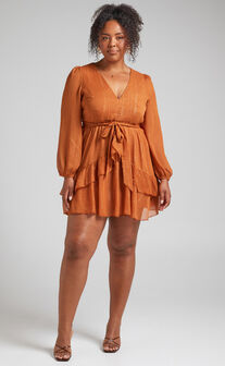 Eyes That Know Me Long Sleeve Ruffle Mini Dress in Rust