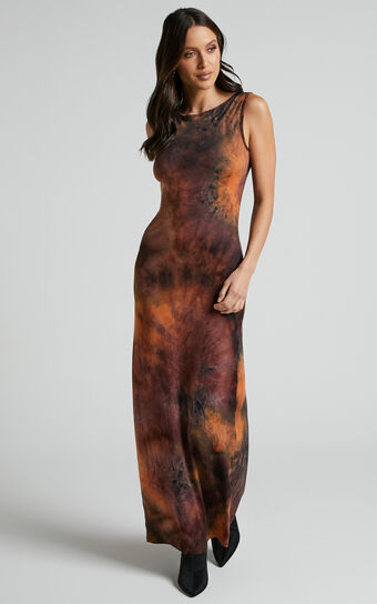 Amayra Midaxi Dress - High Neck Bodycon Dress in Brown Tie Dye
