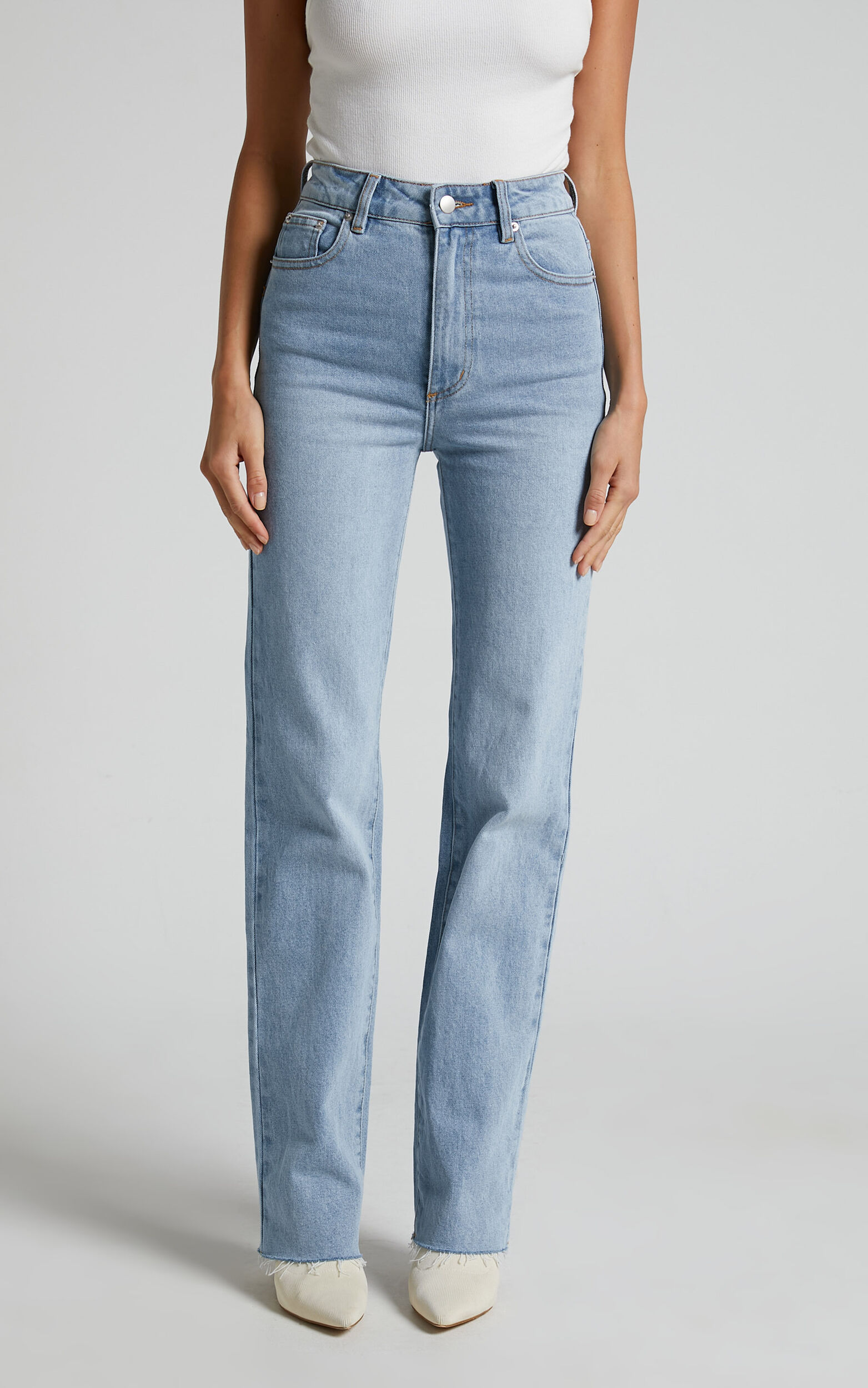 Dexter Jeans - High Waisted Straight Leg Denim Jeans in Mid Blue Wash ...