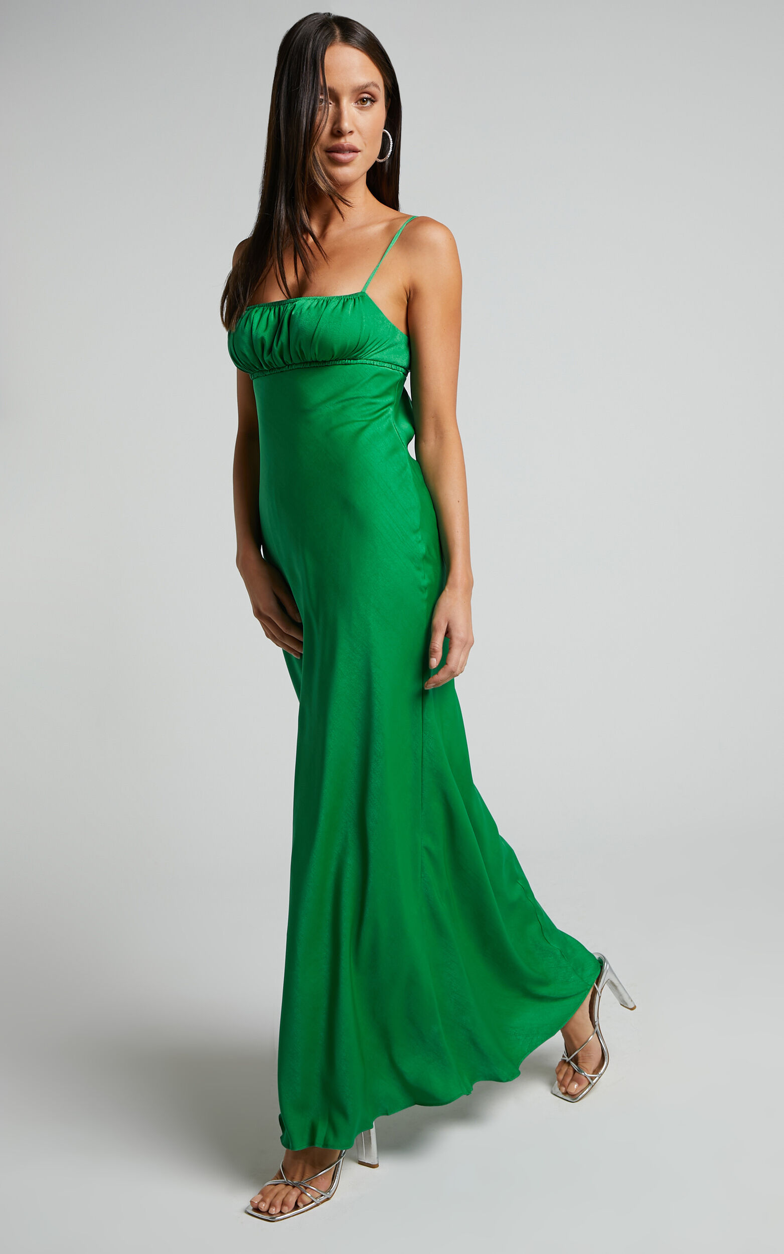 Carla Ruched Bust Satin Slip Midi Dress in Green | Showpo USA