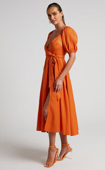 Cressida Midi Dress - Puff Sleeve Wrap Dress in Orange
