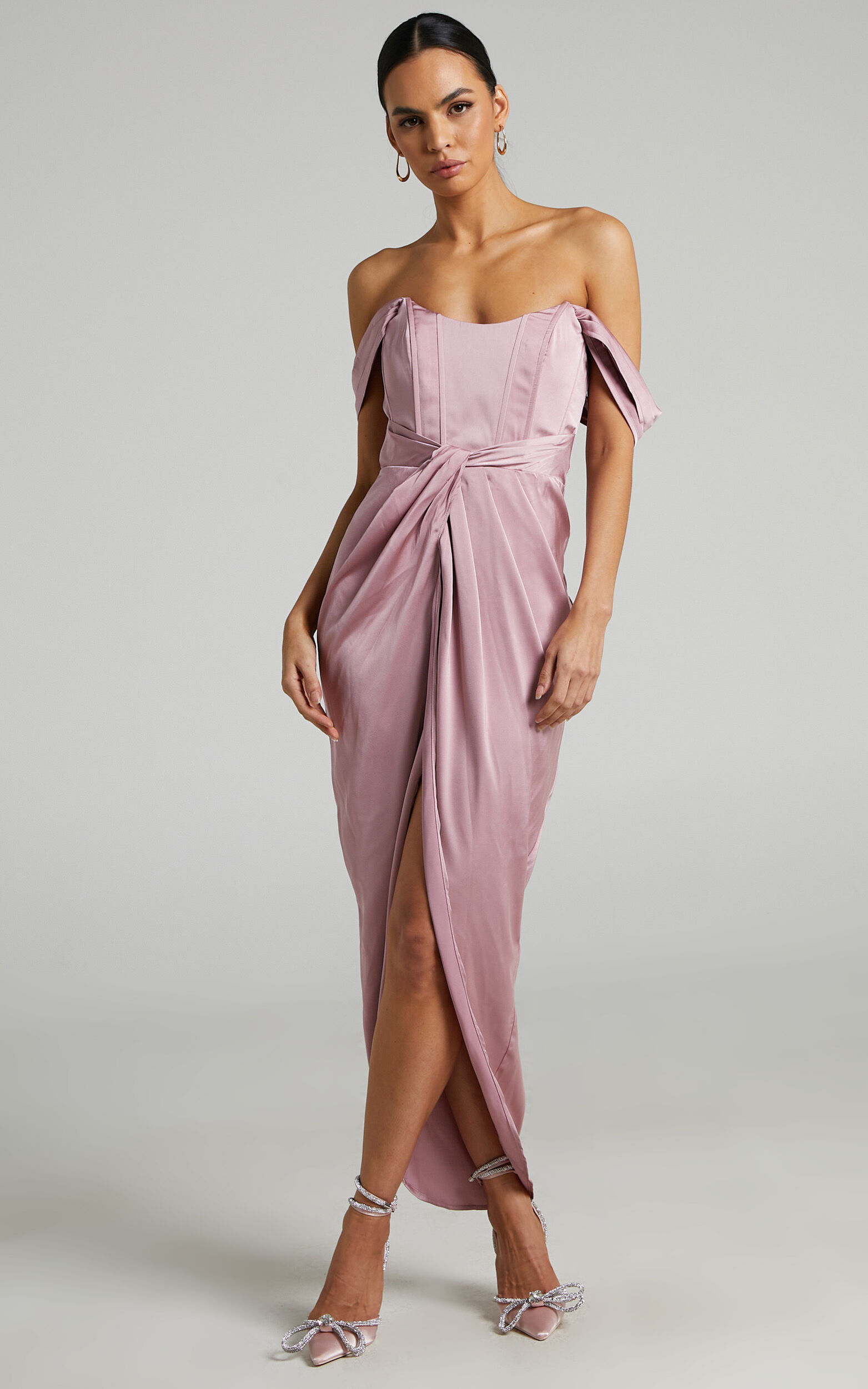 Azrael Midi Dress - Twist Front Strapless Off Shoulder Satin Dress in Blush - 06, PNK1