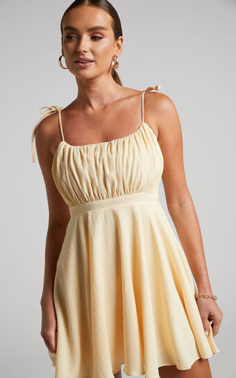 Aziah Mini Dress - Tie Shoulder Ruched Bodice Dress in Butter Yellow