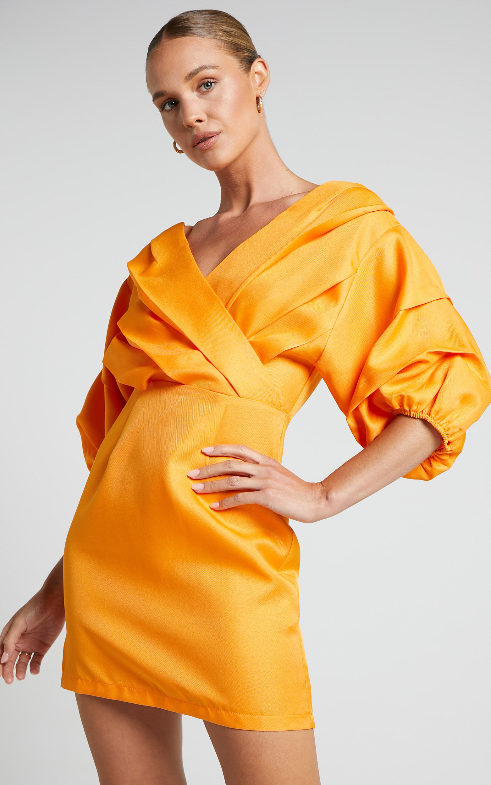 Anastasija Mini Dress - Off Shoulder V Neck Dress in Mango - 06, ORG1, super-hi-res image number null