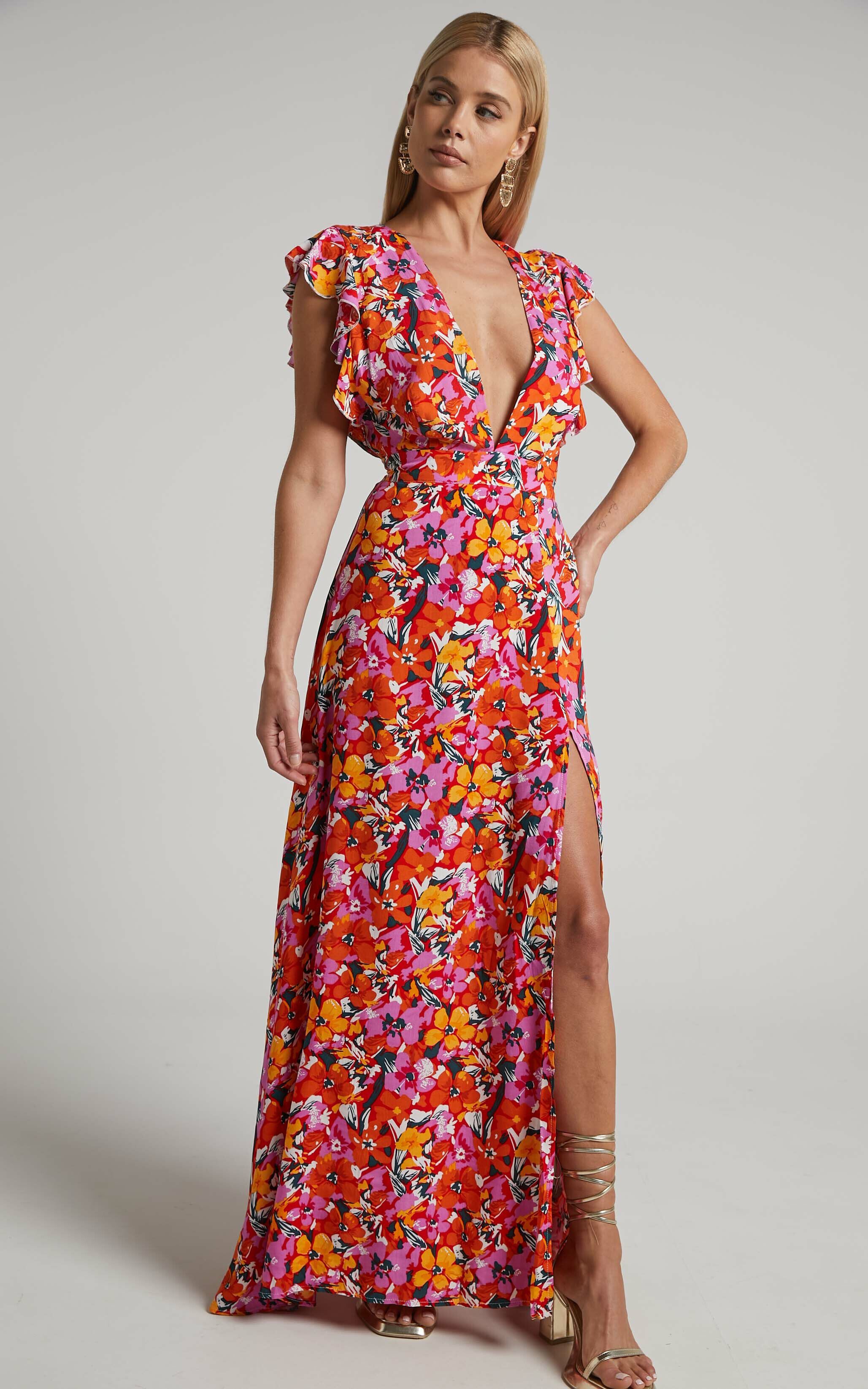 Dyliah Maxi Dress - Thigh Split Frill Shoulder Plunge Neck Dress in Spring Floral - 06, MLT1, super-hi-res image number null