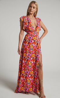 Dyliah Maxi Dress - Thigh Split Frill Shoulder Plunge Neck Dress in Spring Floral