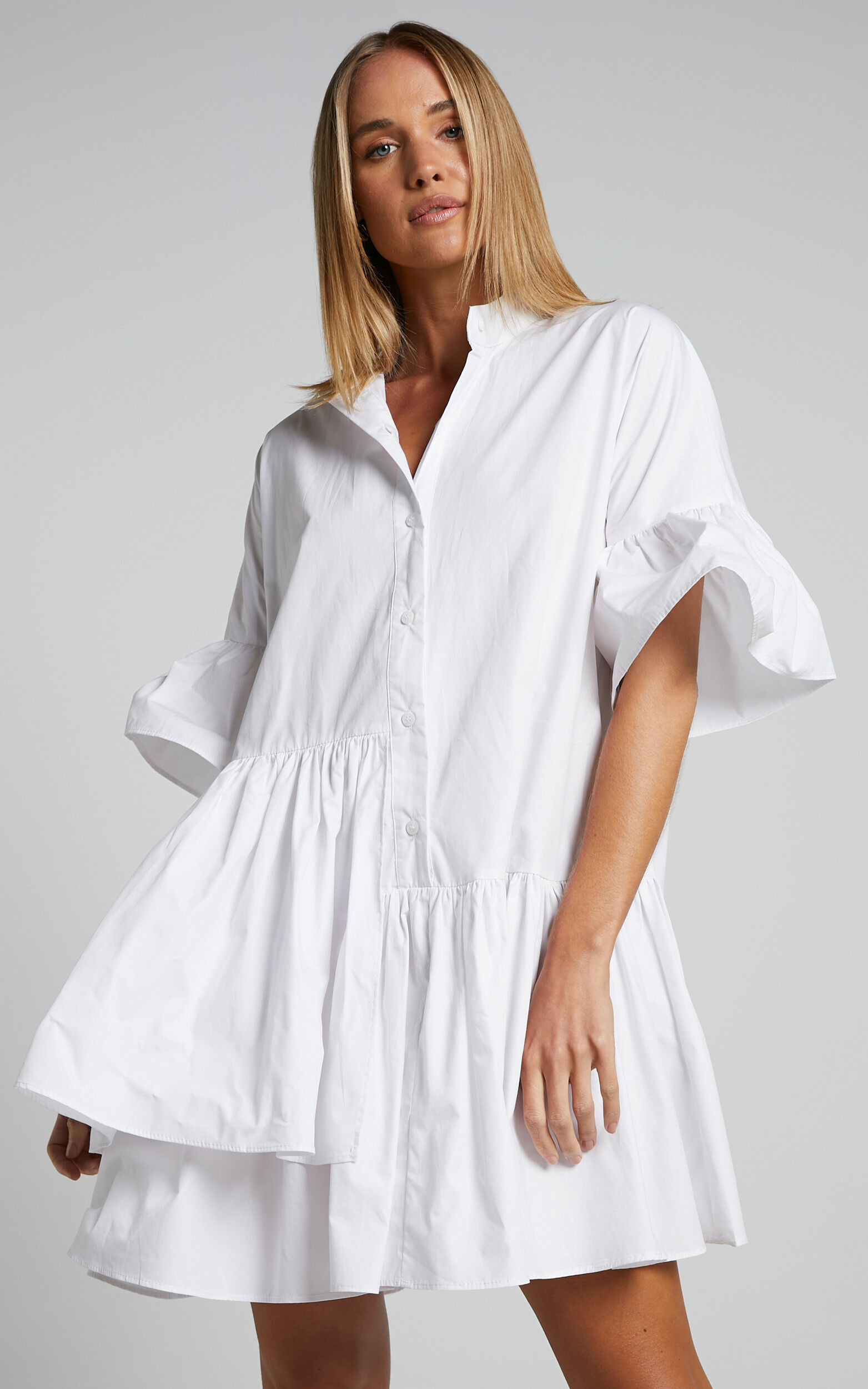 Elowen Mini Dress - Button Up Asymmetrical Tiered Smock Dress in White - 06, WHT1, super-hi-res image number null