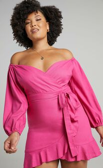 Cant Move On Off Shoulder Mini Dress in Hot Pink Linen Look