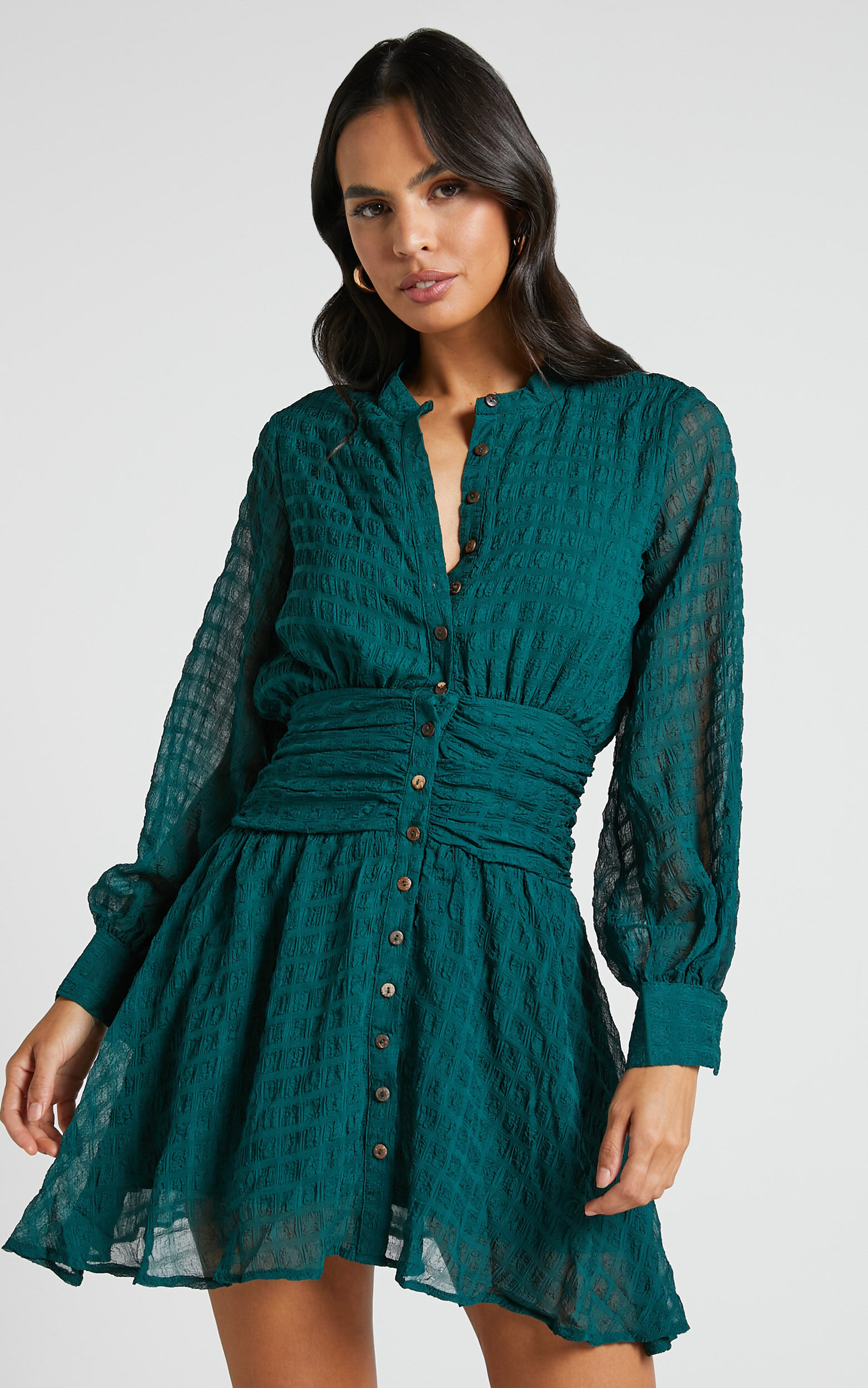 Pippie Mini Dress - Ruched Waist Long Sleeve Textured Dress in Emerald - 06, GRN1