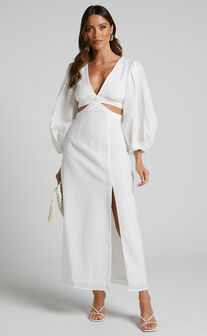 Miggy Midaxi Dress - Puff Sleeve Cut Out Split Dress in White