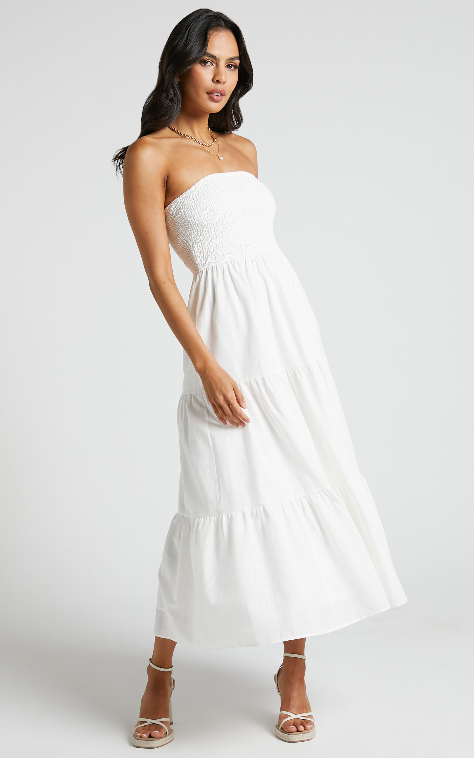 Zoe Midi Dress - Strapless Shirred Bodice Tiered Dress in White - 06, WHT1, super-hi-res image number null