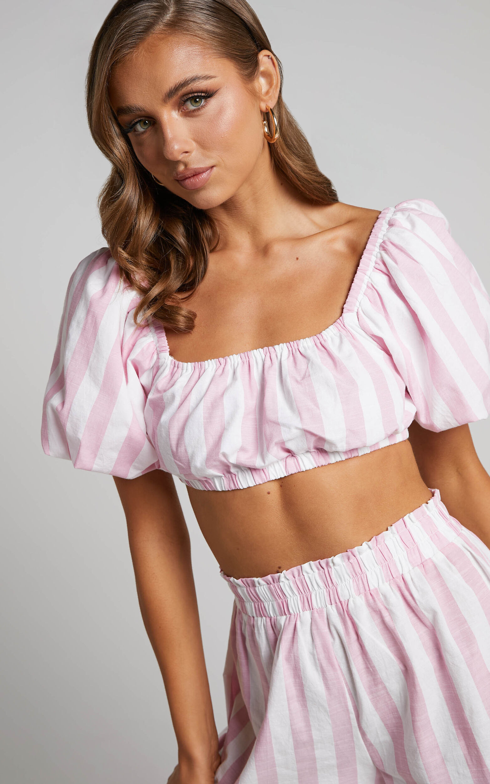 Sahle Top - Striped Puff Sleeve Crop Top in Pink - 06, PNK1