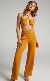 Juliann Knit Two Piece Pant Set with Crop Top in Marigold
