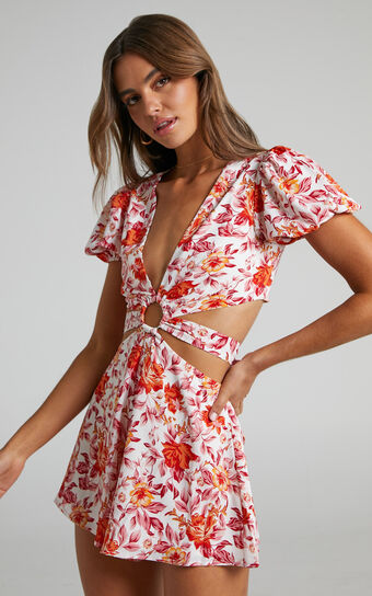 Wynna Side Cut Out Tie Back Puff Sleeve Playsuit in Pink Red Floral
