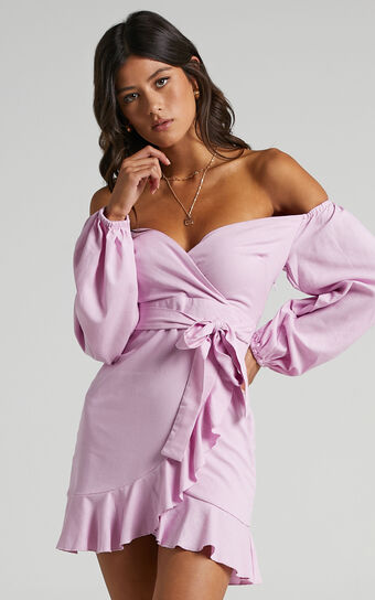 Can't Move On Mini Dress - Off Shoulder Dress in Lilac Linen Look