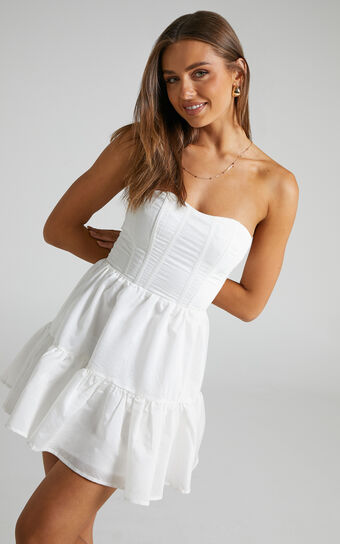 Marionne Strapless Tiered Mini Dress in White