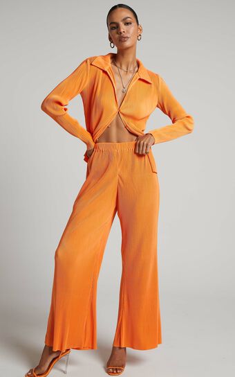 Amarante Pants - Plisse Wide Leg Pants in Orange