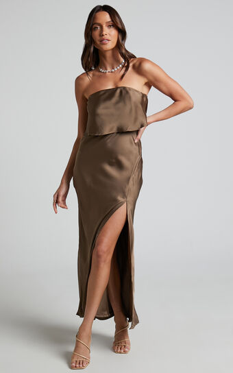 Maisie Maxi Dress - Layered Thigh Split Satin Dress in Chocolate