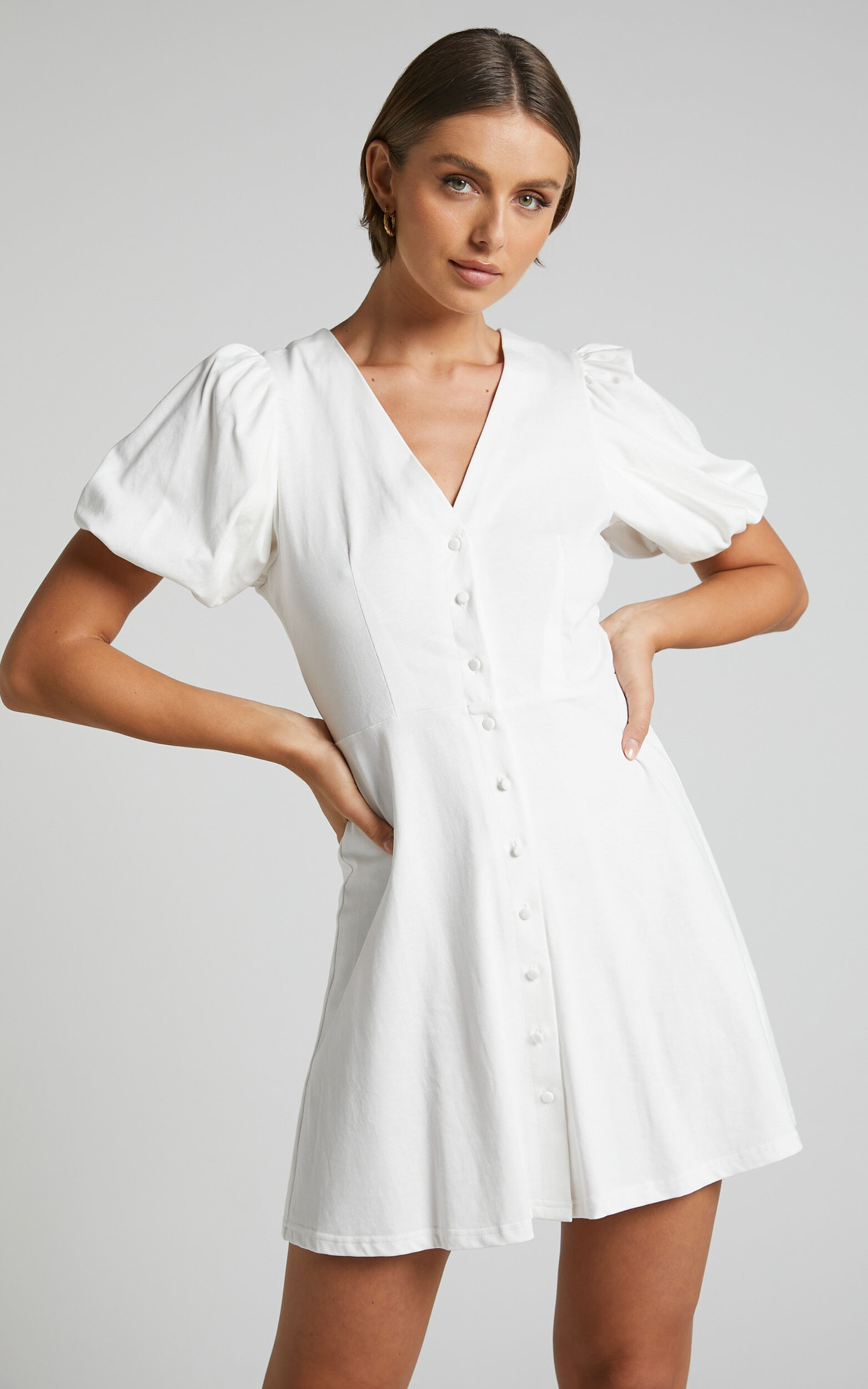 Rochelle Mini Dress - V Neck Button Through Dress in White - 06, WHT2