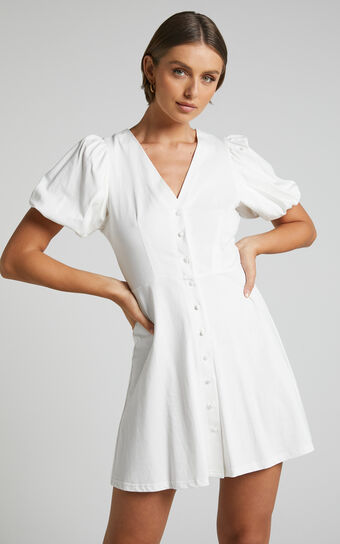 Rochelle Mini Dress - V Neck Button Through Dress in White