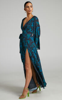 Mirski Midaxi Dress - Tie Waist Flared Sleeve Dress in Jewel Blur