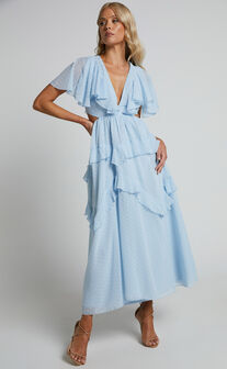 Jania Midaxi Dress - Cut Out Short Sleeve Plunge Neck Dress in Pale Blue