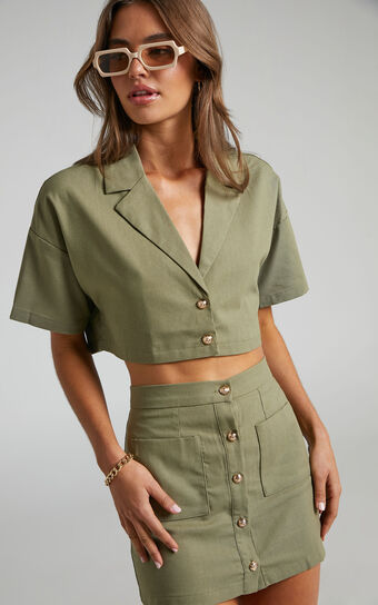 Nadhia Cropped Shirt and Button Up Mini Skirt Two Piece Set in Khaki