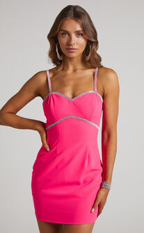 Kimmay Mini Dress - Diamante Trim Sweetheart Dress in Hot Pink