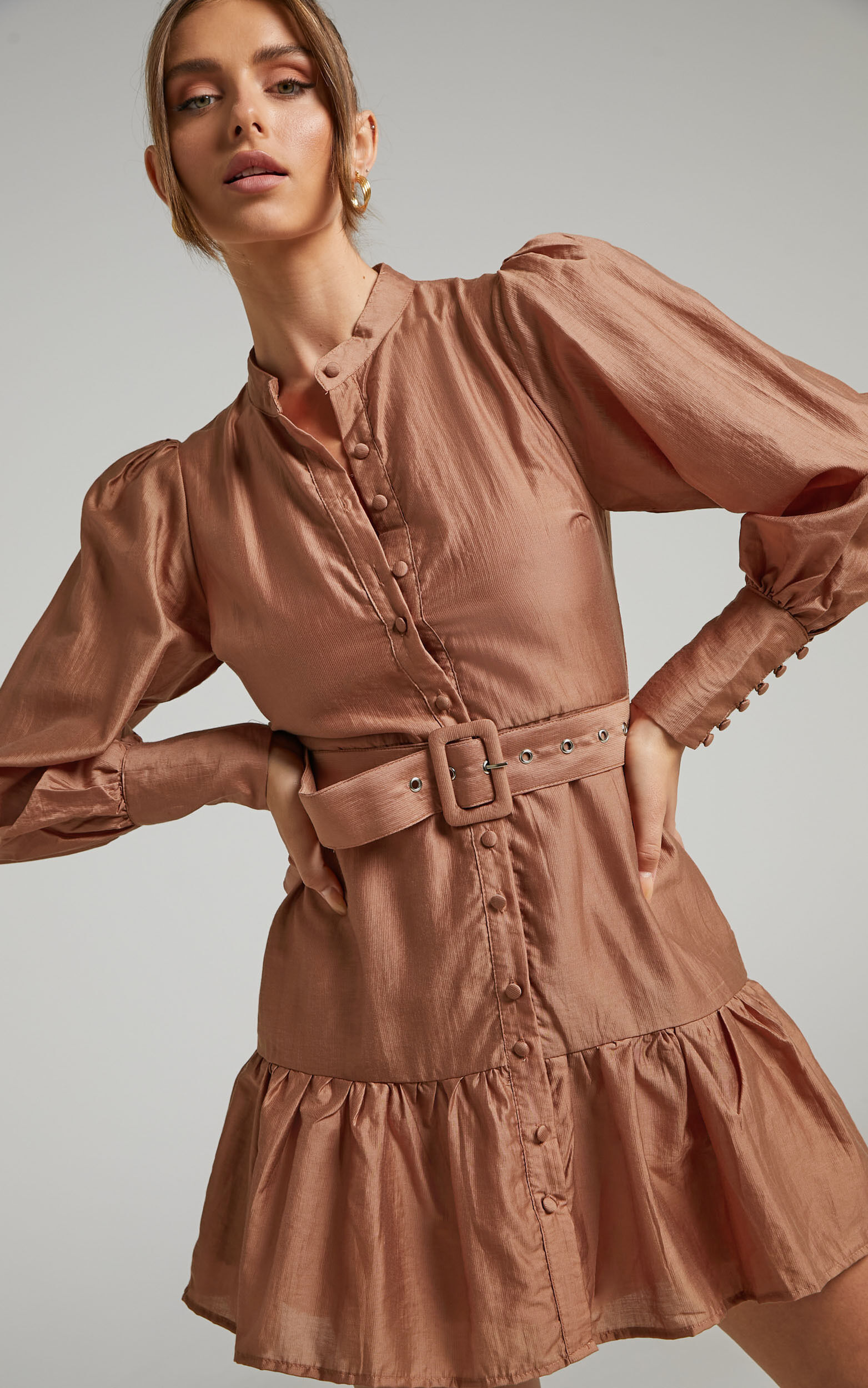 Aniyah Belted Long Sleeve Button Through Mini Dress in Rust - 04, BRN1