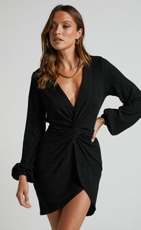 Charmine Mini Dress - Twist Front Long Sleeve Dress in Black