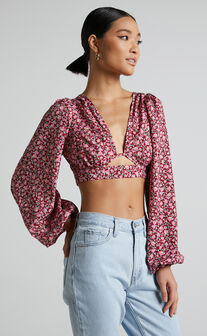 Glenda Blouse - Puff Sleeve Cut Out Open Back Blouse in Red Floral