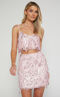 Khrizza Top - Sequin Diamond Mesh Cropped Cami Top in Pink
