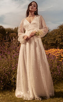 Leauna Bridal Gown - Sheer Long Sleeve Deep V Neck Embellished Tulle Gown in Ivory