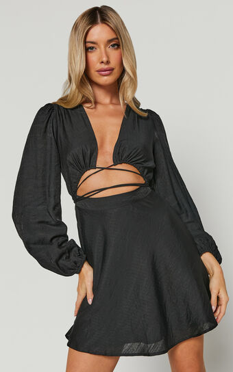 Beatrice Mini Dress - Front Cut Out Tie Waist Long Sleeve Plunge Dress in Black