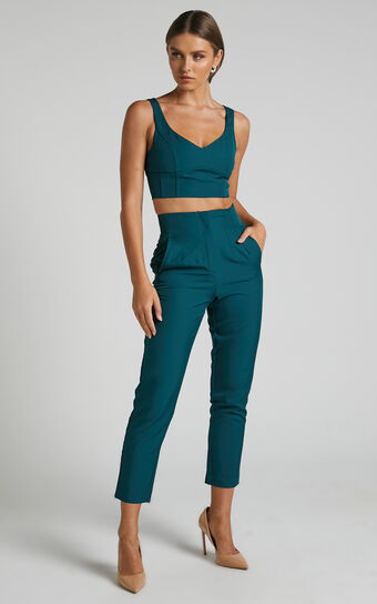 Armanda Two Piece Set - Crop Top and High Waisted Straight Leg Pants in Deep Green