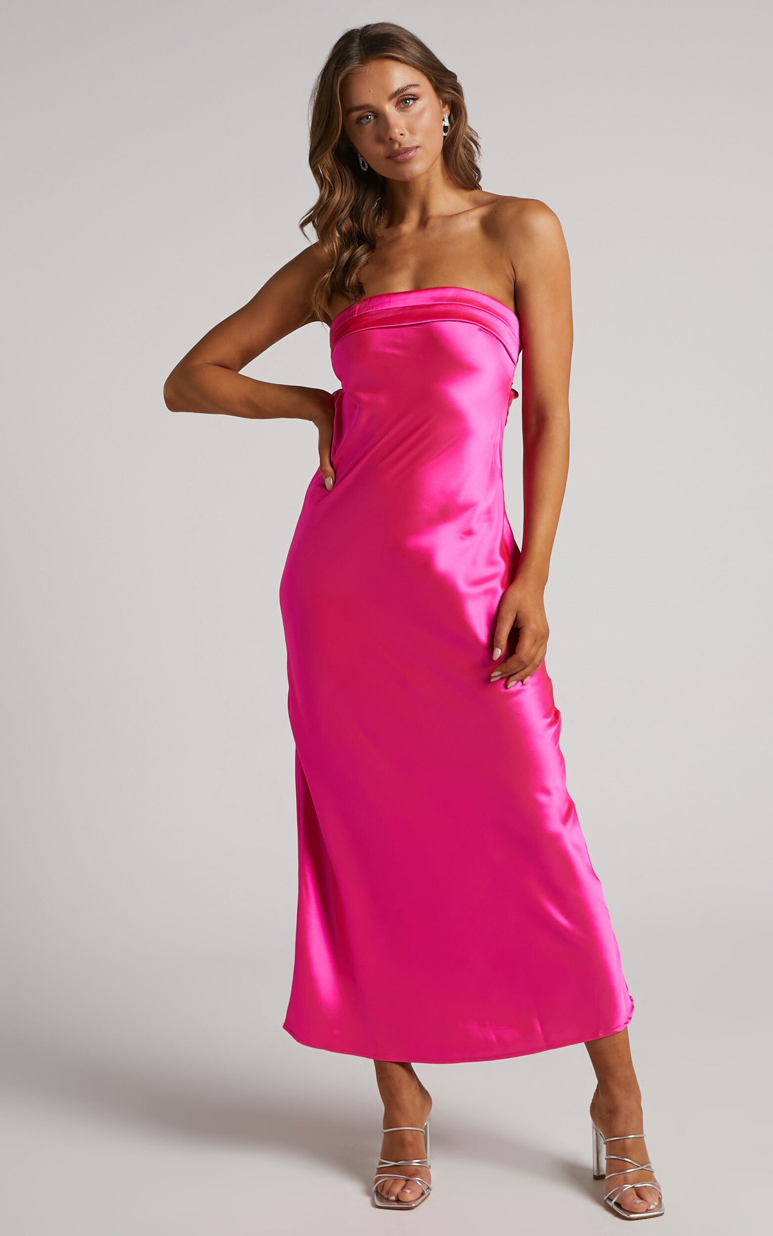 Tracey Maxi Dress - Strapless Back Drape Satin Dress in Pink - S, PNK1
