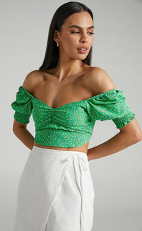 Feliza Ruched Sweetheart Bust Puff Sleeve Crop Top in Green Floral