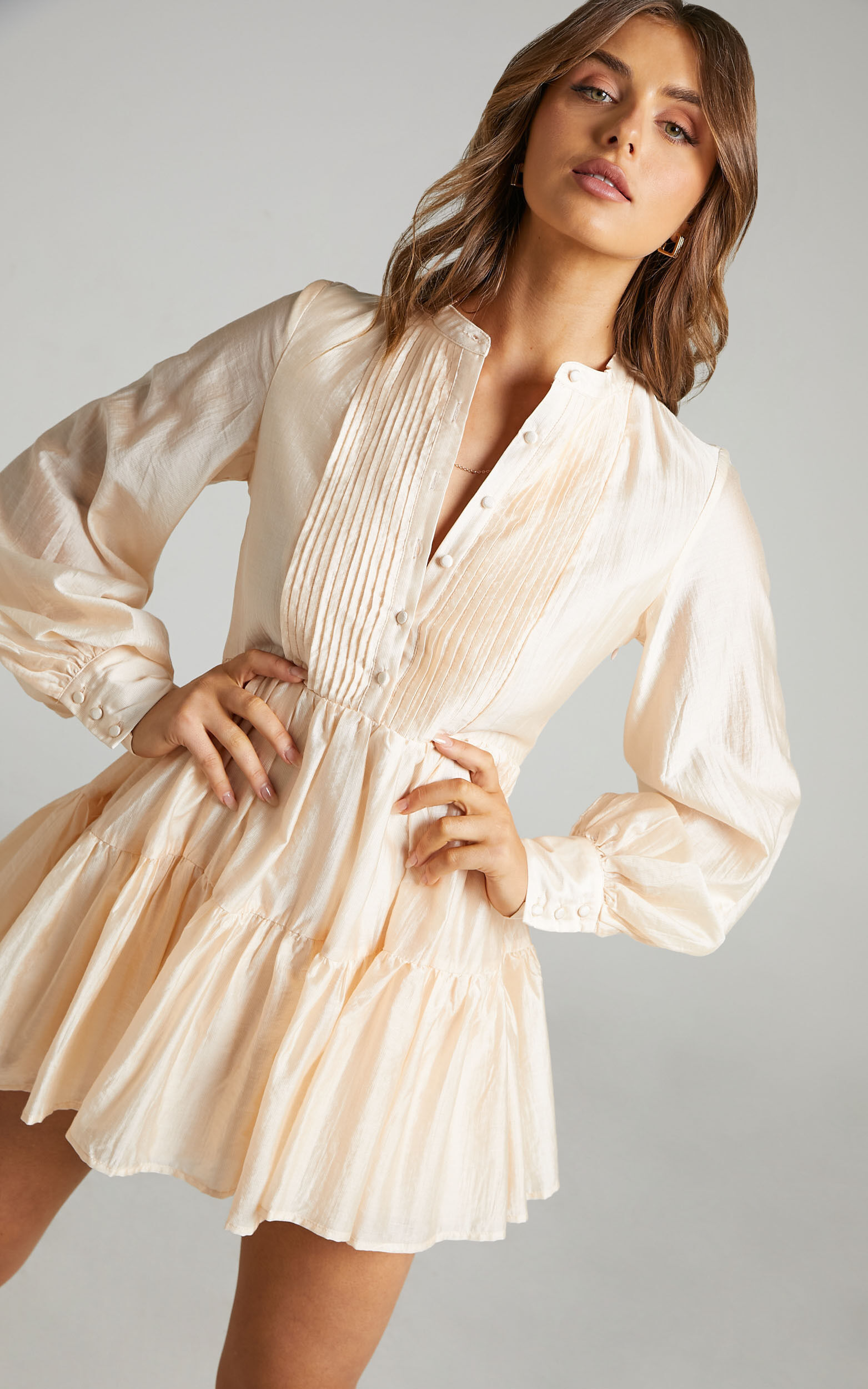 Kyra Mini Dress - Pin Tuck Detail Tiered Shirt Dress in Cream - 06, CRE2