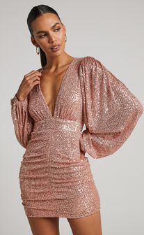 Rhylee Long Sleeve Ruched Mini Dress in Rose Gold